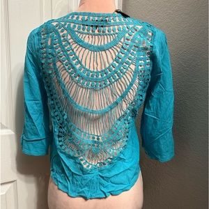 Aqua Blouse with Crochet Detail